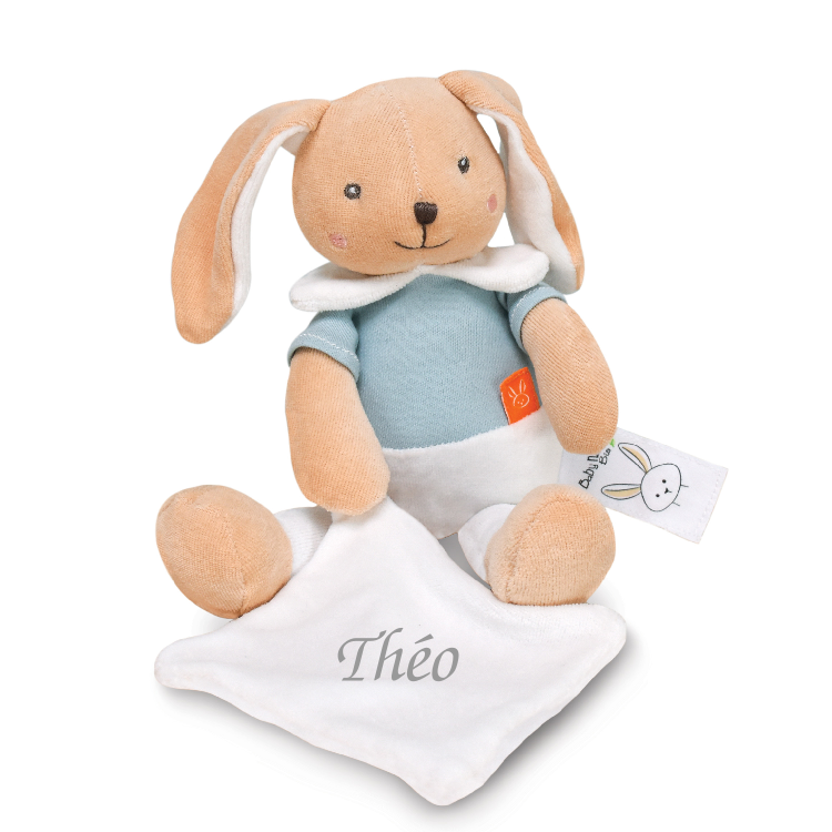  - coton bio - peluche avec lapin bleu 30 cm 